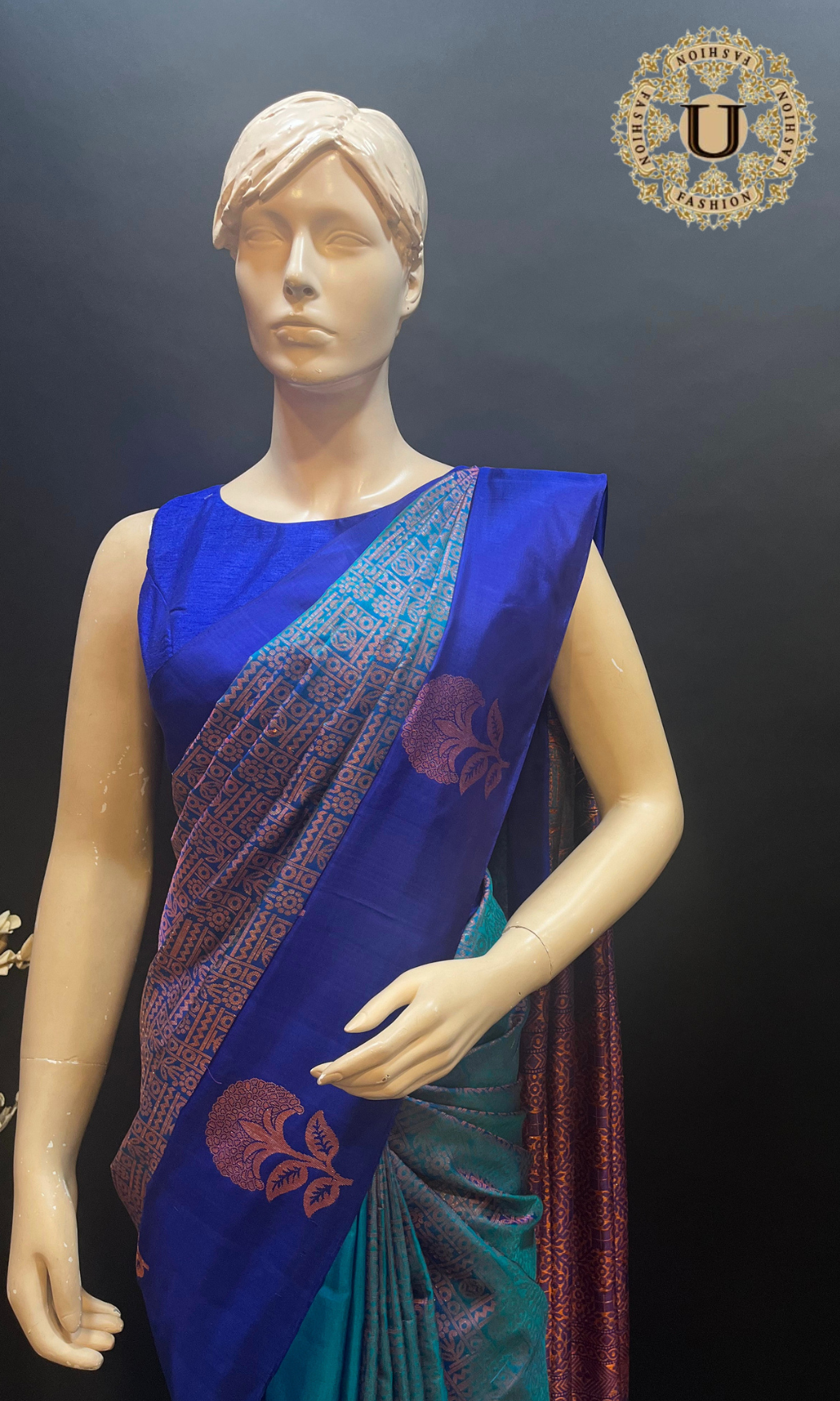 Turquoise with Ink Blue Woven Silk Saree