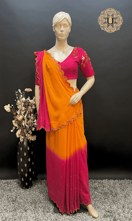 Orange with Pink Shaded Pure Crape Saree with Scallop Border U fashion