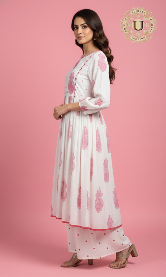 White Printed Cotton A Line Kurti with Trouser