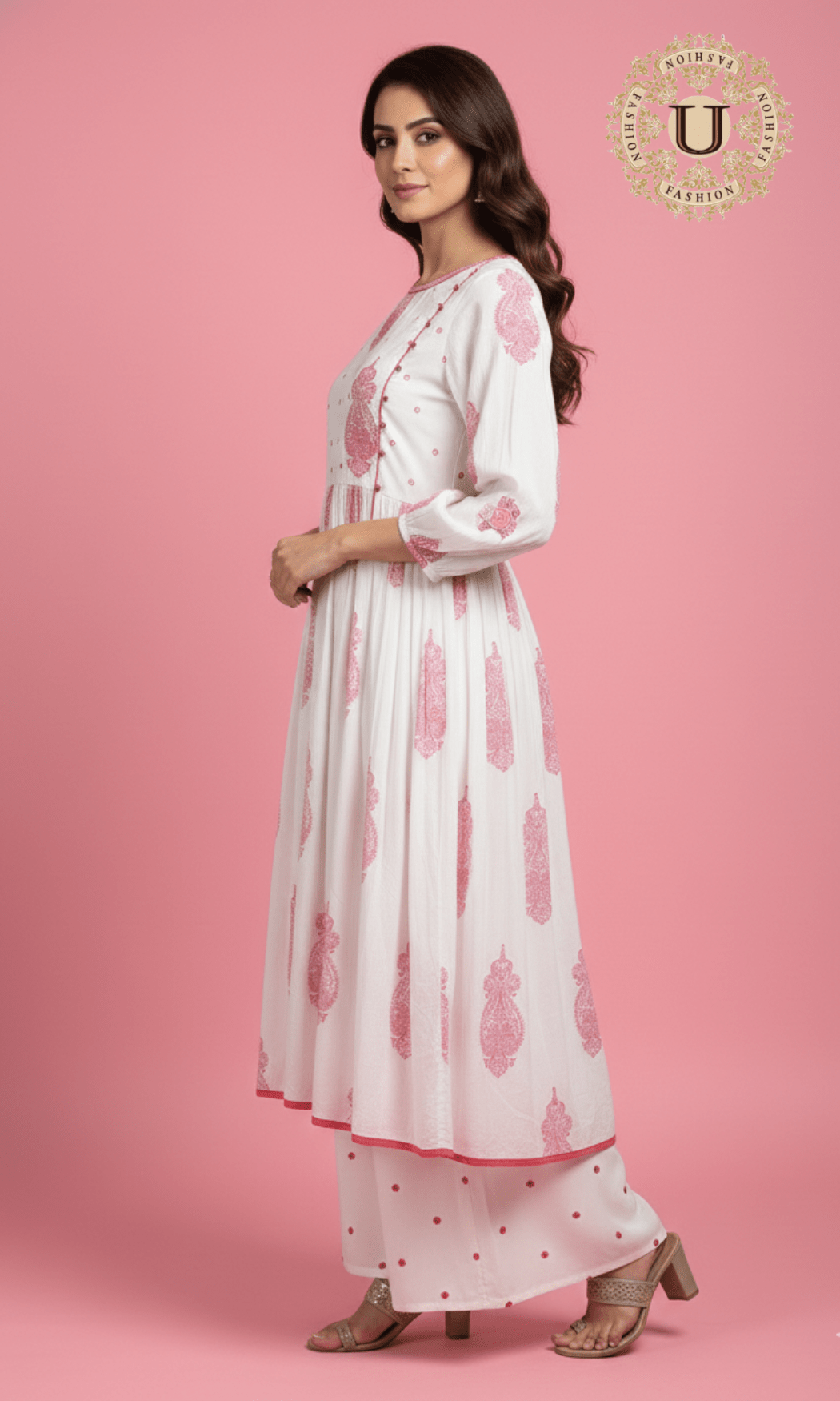 White Printed Cotton A Line Kurti with Trouser XXL U fashion