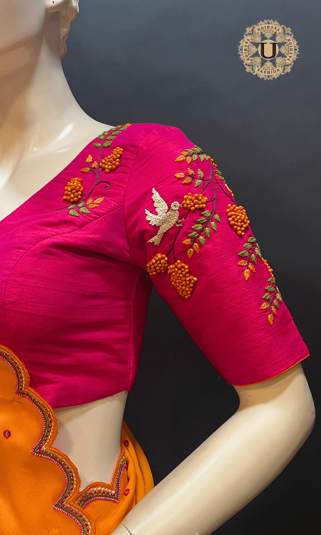 Orange with Pink Shaded Pure Crape Saree with Scallop Border U fashion
