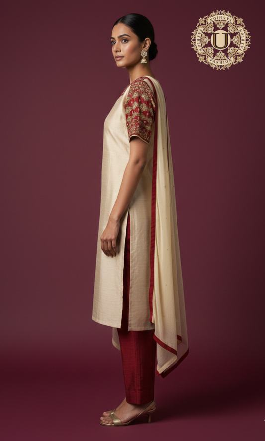 Beige Raw Silk Zari Work Kurti Set