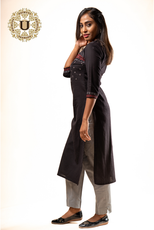 Black Cotton Embroidered Long Kurti