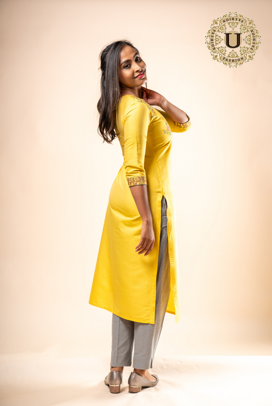 Yellow Silk cotton Embroidered Long Kurti