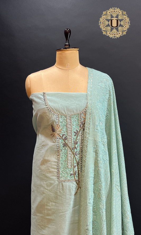 Light Pista Green Hand Embroidered Un-Stiched Suit