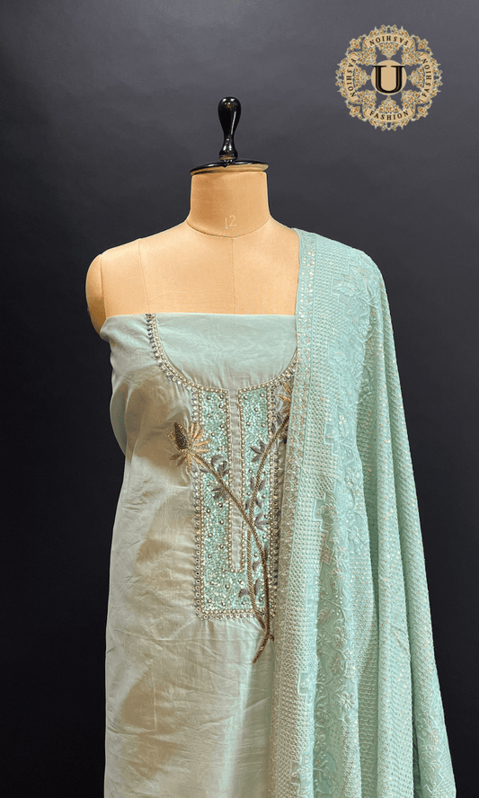 Light Pista Green Hand Embroidered Un-Stitched Suit U fashion