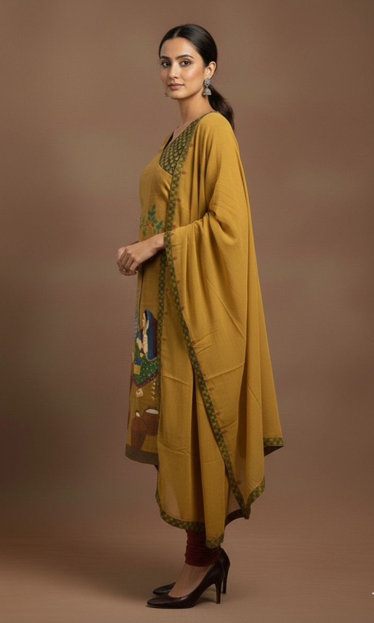 Henna Green Cotton Hand Painted Chudidar Suit