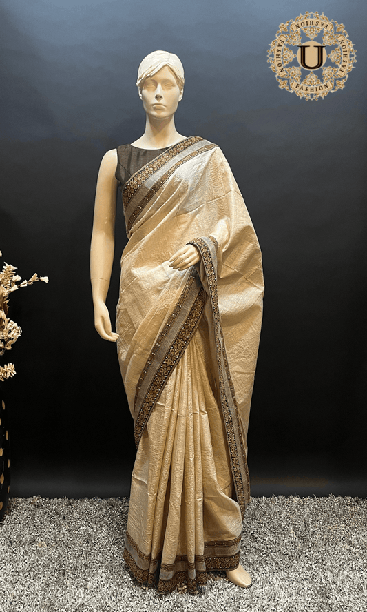 Beige Embroidery border Tussar Silk Saree U fashion