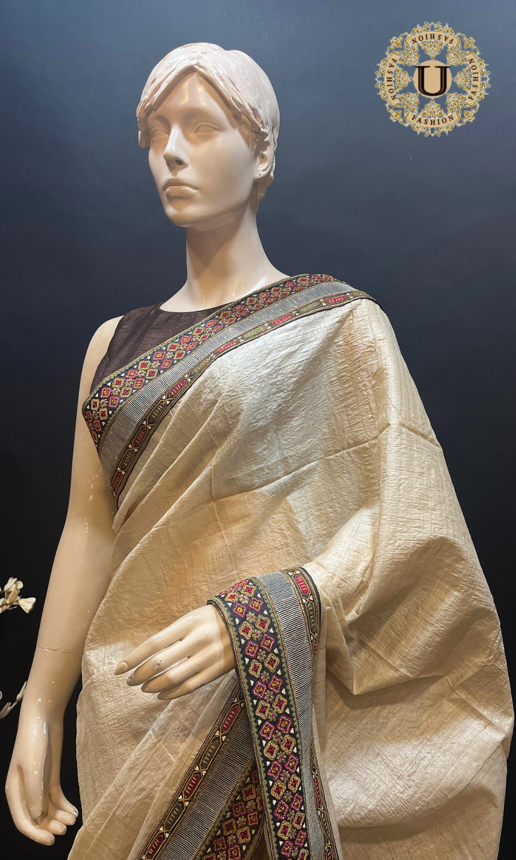 Beige Embroidery border Tussar Silk Saree