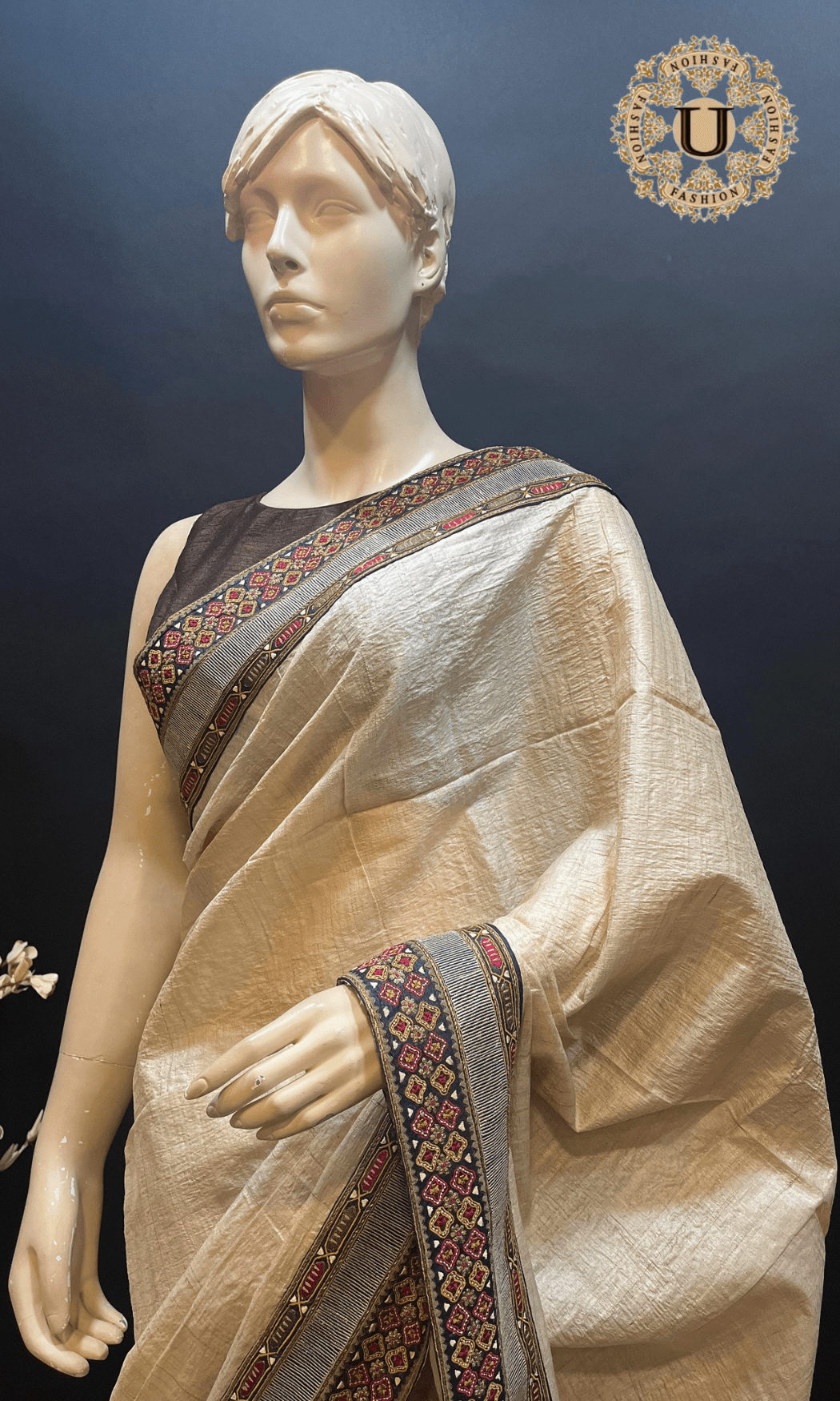 Beige Embroidery border Tussar Silk Saree U fashion