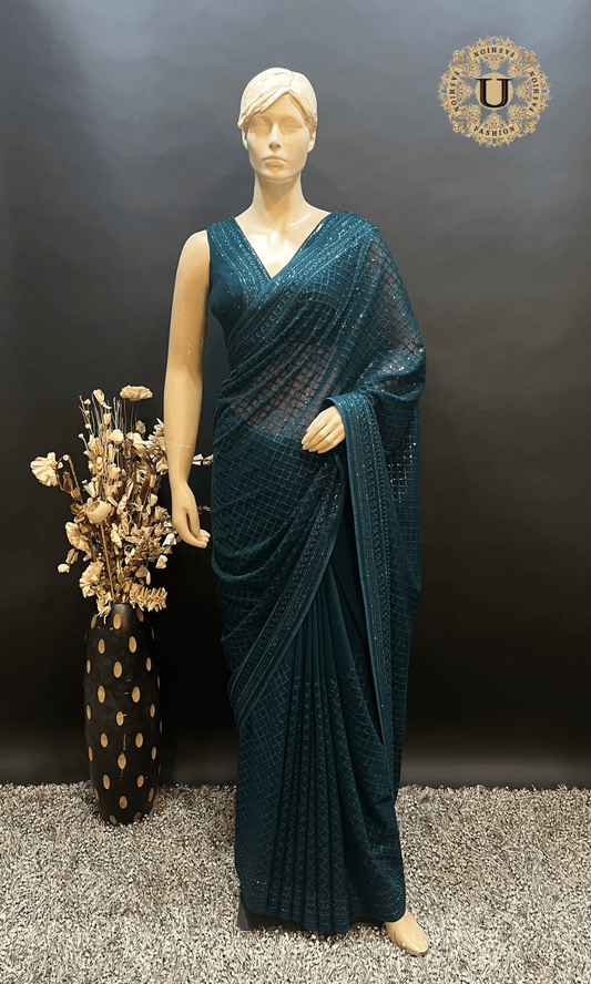 Teal Blue Mix Georgette Sequence Saree U fashion
