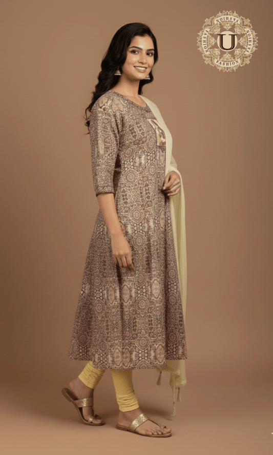 Beige Hand Painted Motif on Crepe Ptd A Line Suit Set U fashion