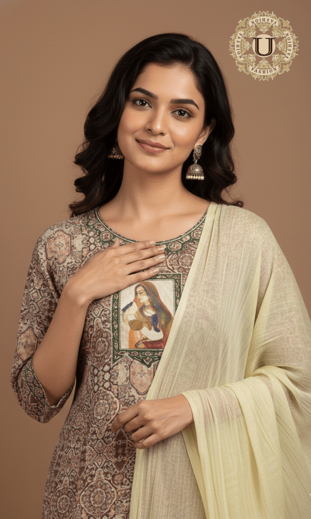 Beige Hand Painted Motif on Crepe Ptd A Line Suit Set U fashion