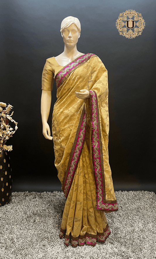 Beige Self-Designed Chanderi Saree with Pink Embroidered Border U fashion
