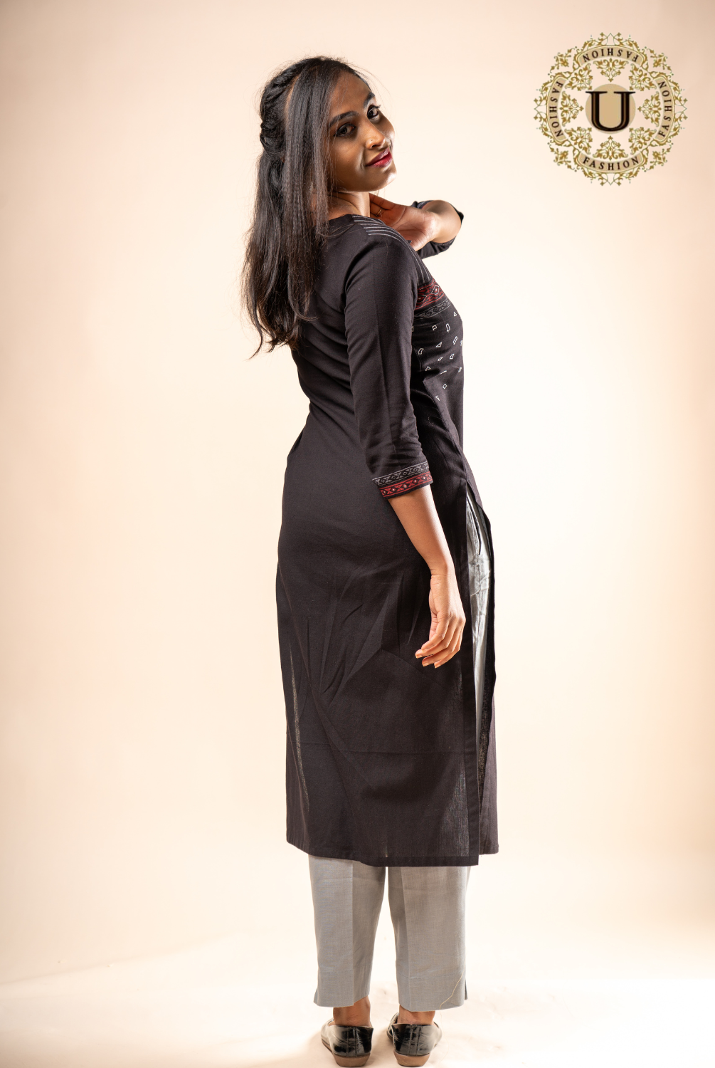 Black Cotton Embroidered Long Kurti
