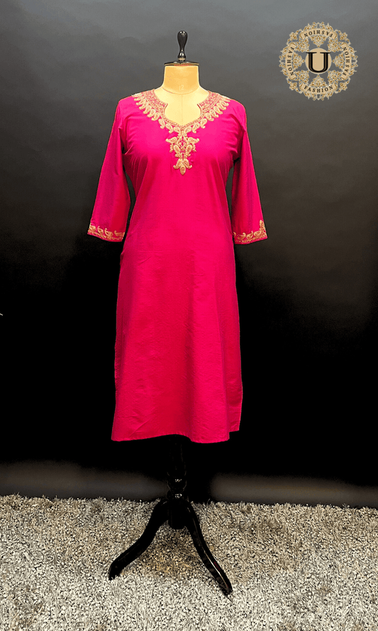 Pink spun embroidered Long Kurti U fashion