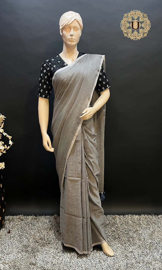 Grey Mul Cotton Saree with Silver Stripes