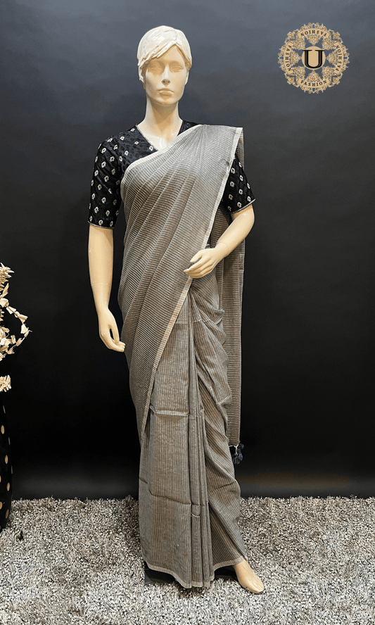 Grey Mul Cotton Saree with Silver Stripes U fashion