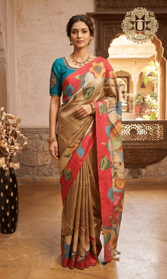Dark Gold Floral Printed Tussar Silk Saree U fashion