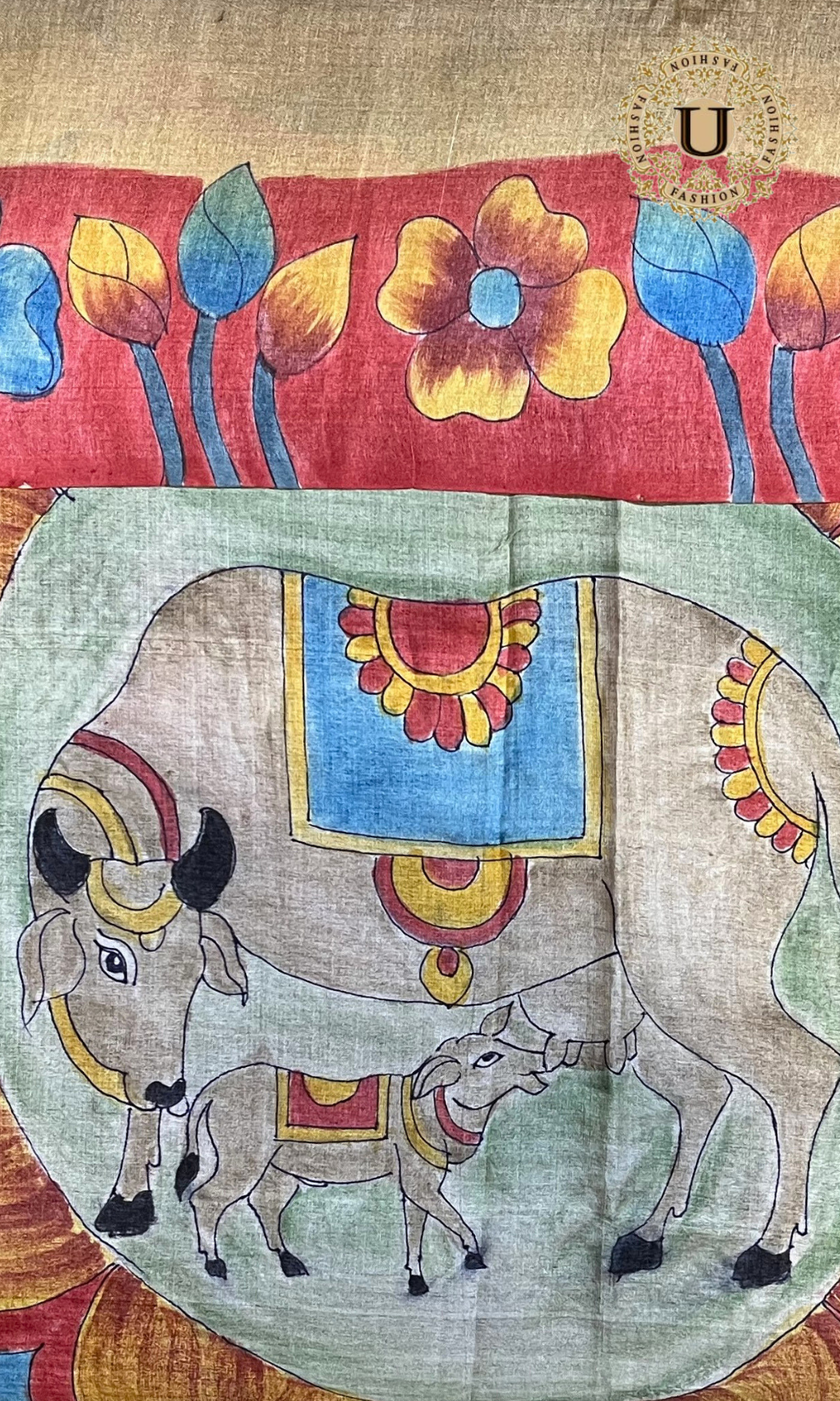 Dark Gold Floral Printed Tussar Silk Saree