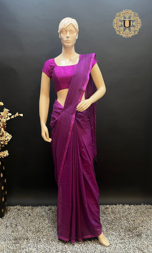 Wine Sequence Mul Cotton Saree