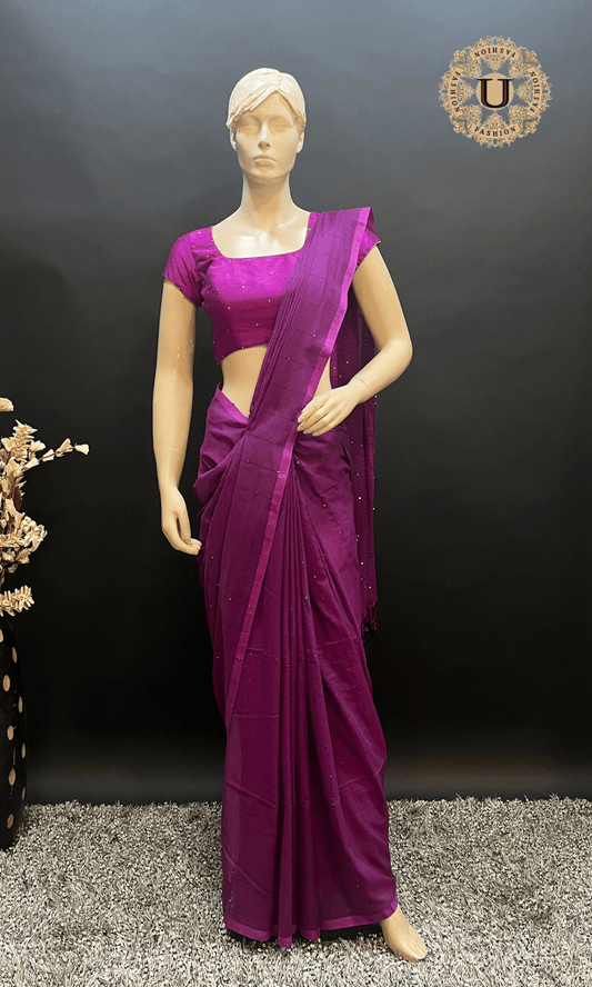 Wine Sequence Mul Cotton Saree U fashion