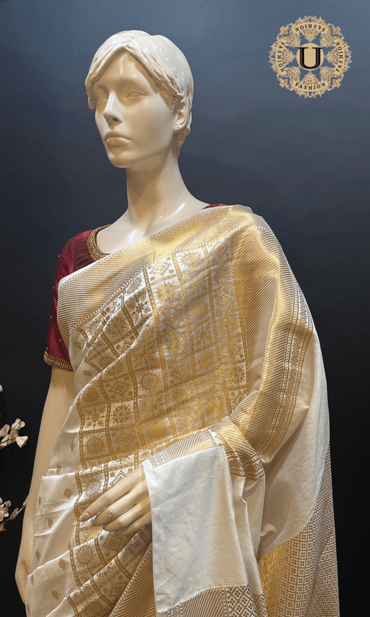 Cream Gold zari Woven Spun Silk Saree U fashion