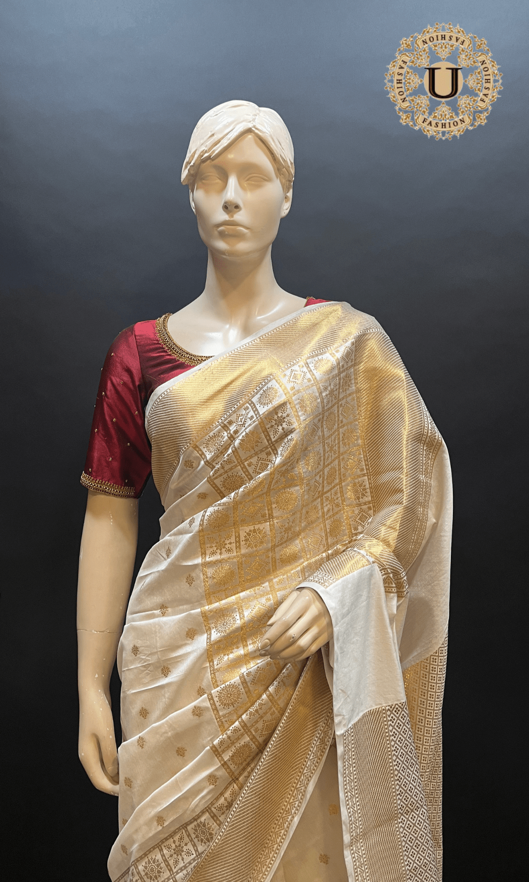 Cream Gold zari Woven Spun Silk Saree U fashion