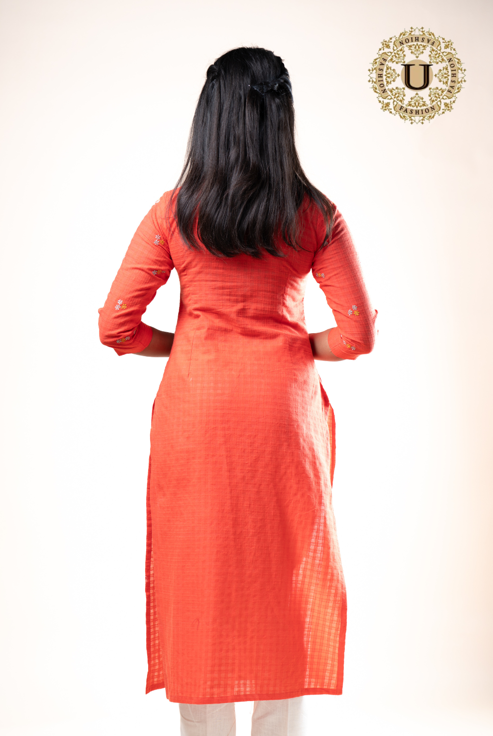 Orange Cotton Embroidered Long Kurti
