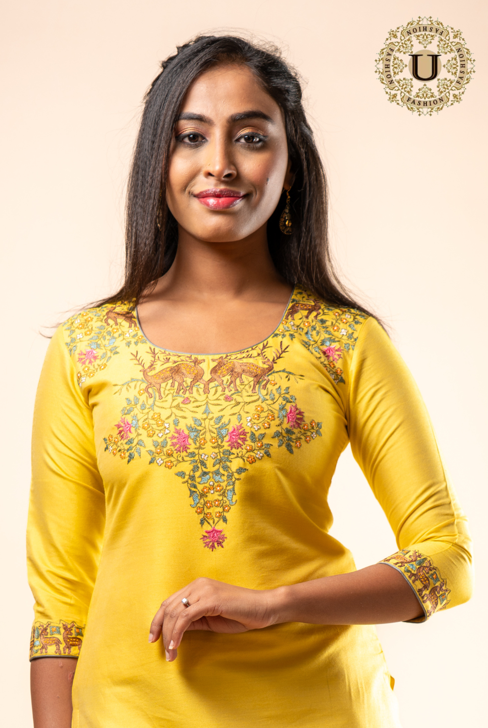 Yellow Silk cotton Embroidered Long Kurti