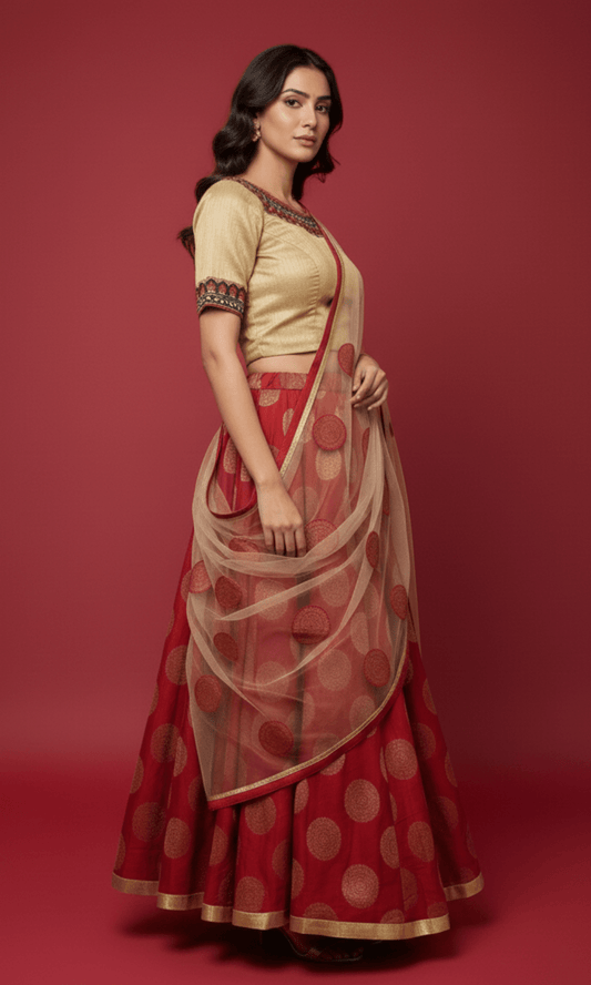 Beige Gold & Red Banarasi Lehenga Set with Embroidered Blouse & Net Dupatta U fashion