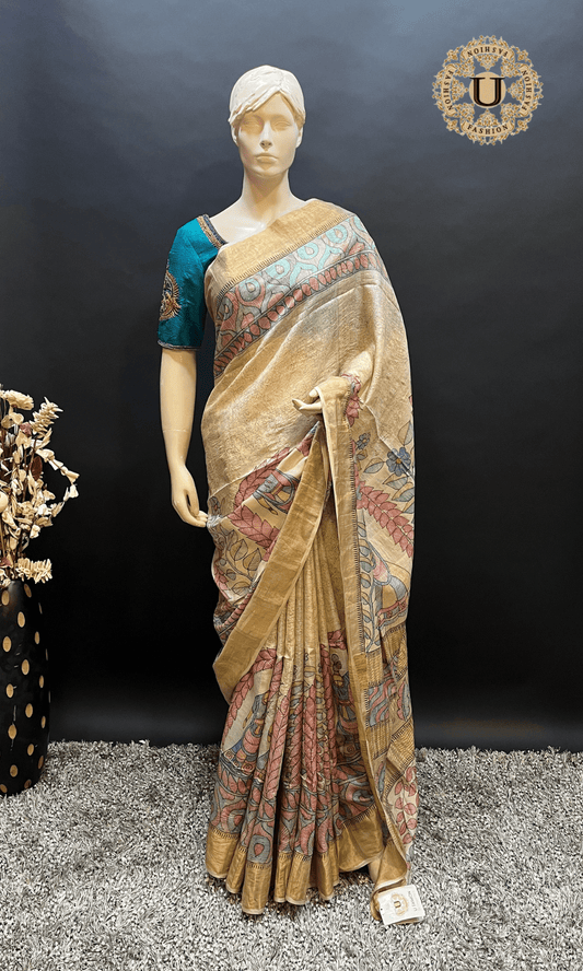 Cream Hand Painted Madhubani Tussar Silk Saree U fashion