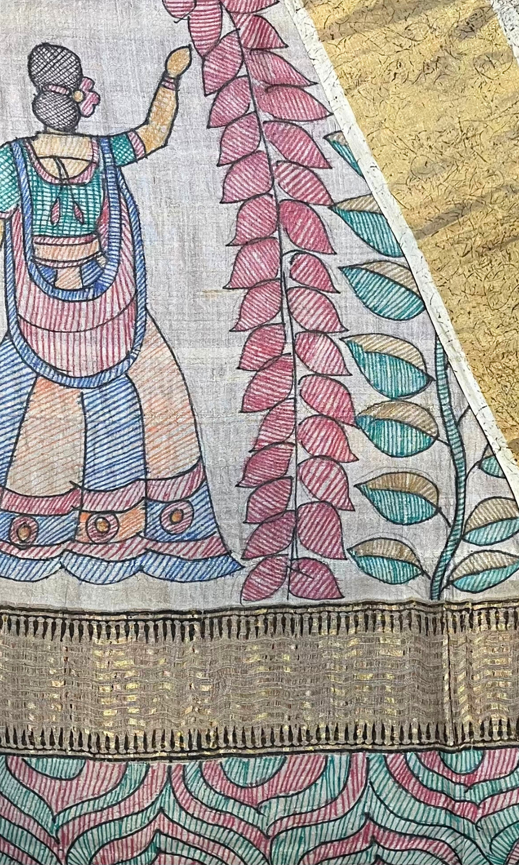 Cream Hand Painted Madhubani Tussar Silk Saree U fashion