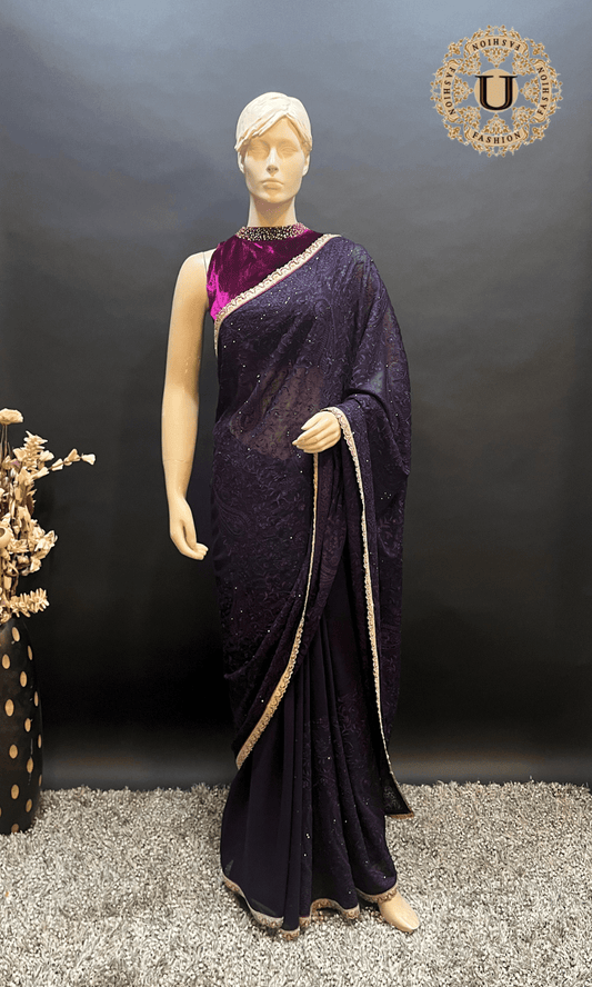 Dark Purple Embroidered Fancy Saree U fashion
