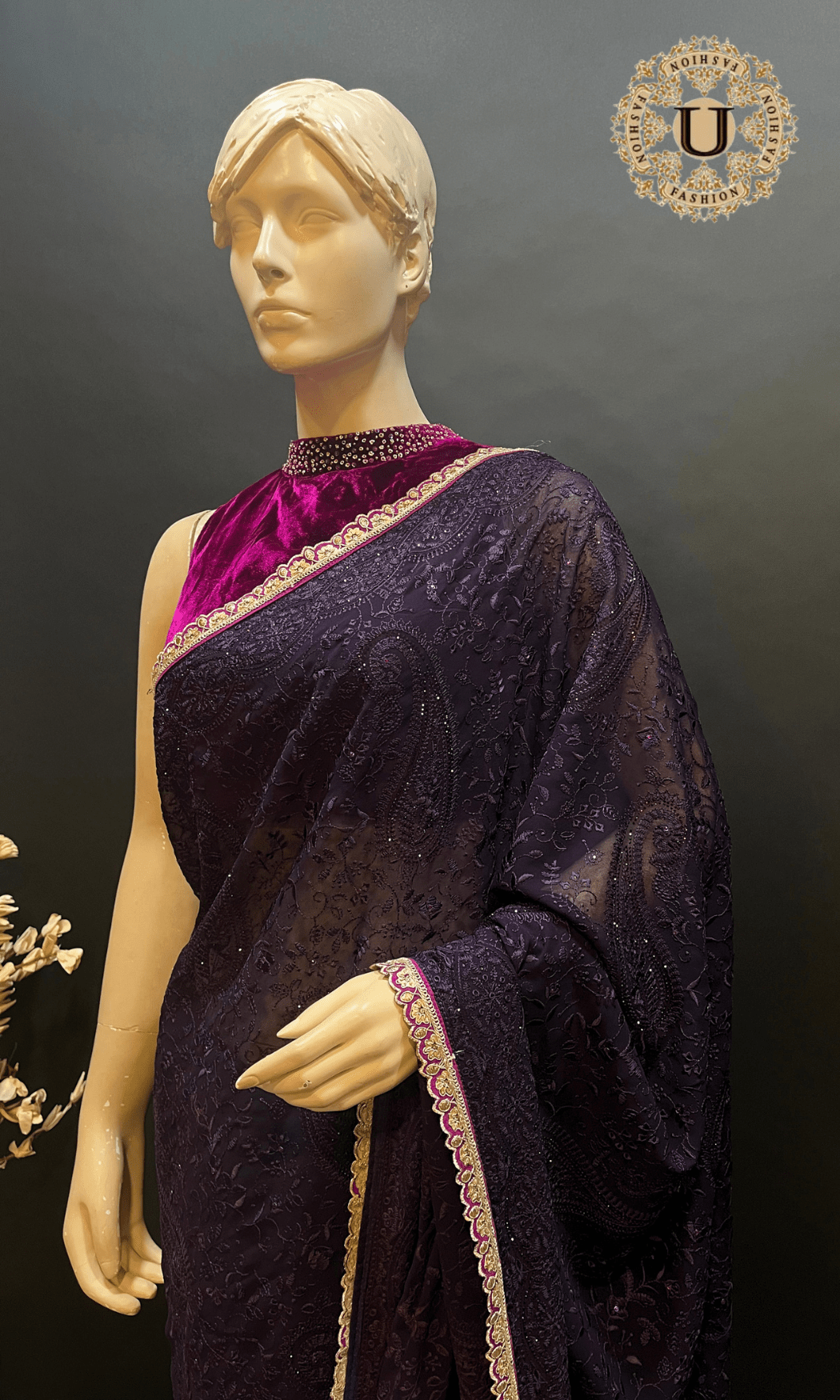 Dark Purple Embroidered Fancy Saree U fashion