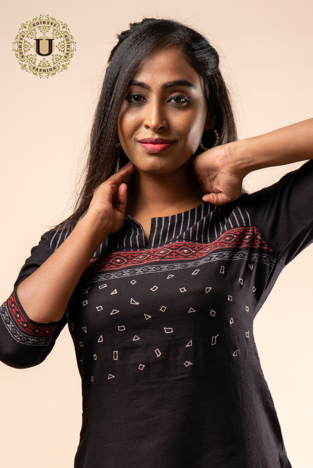 Black Cotton Embroidered Long Kurti