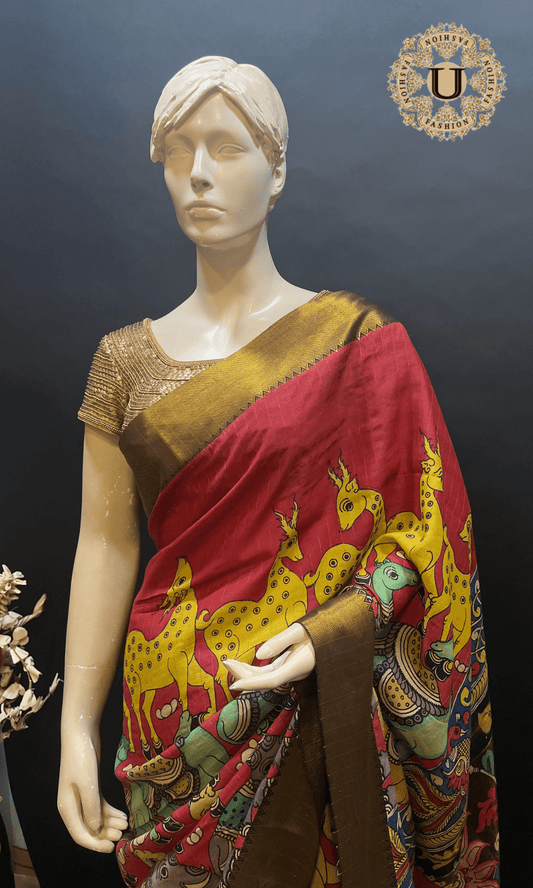 Red pen Kalamkari Gold Border Silk Saree U fashion