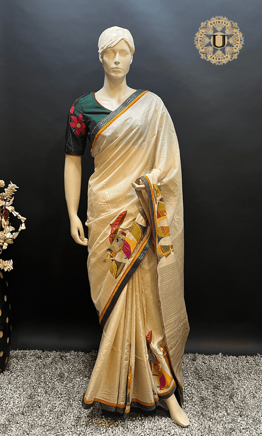 Cream Tussar Silk Radha Krishna Painted Work Saree U fashion