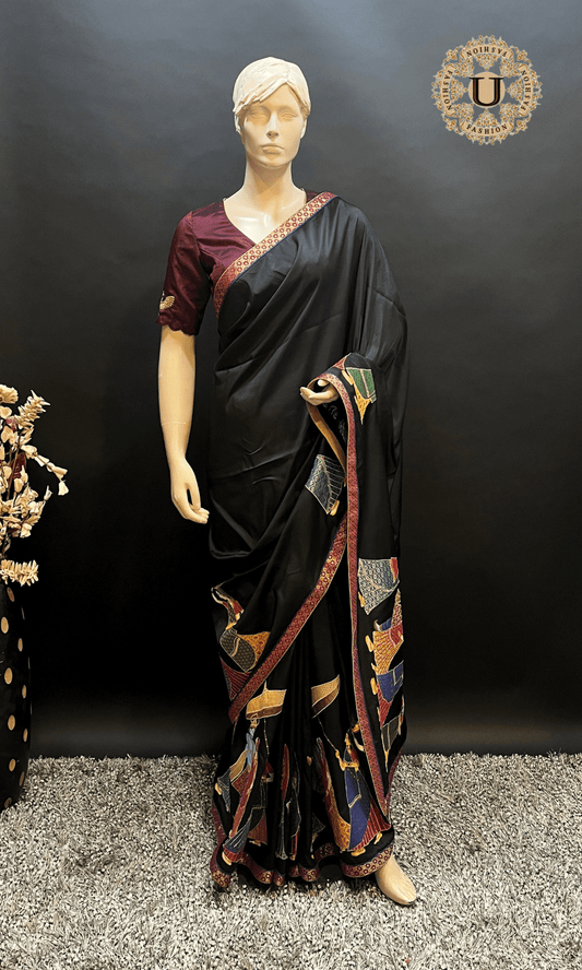 Black Silk Saree with Radha Krishna Applique & Hand Painted Art U fashion