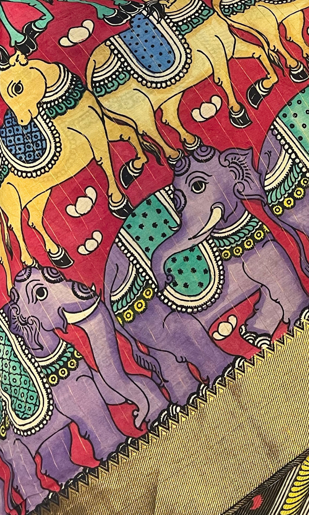 Red pen Kalamkari Gold Border Silk Saree U fashion