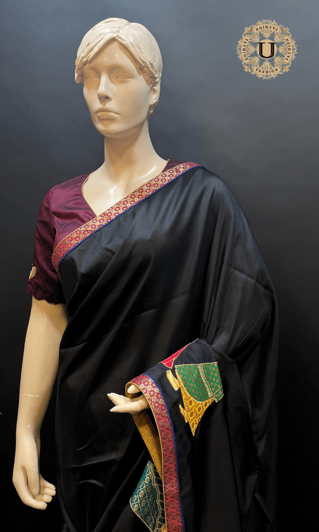 Black Silk Saree with Radha Krishna Applique & Hand Painted Art U fashion