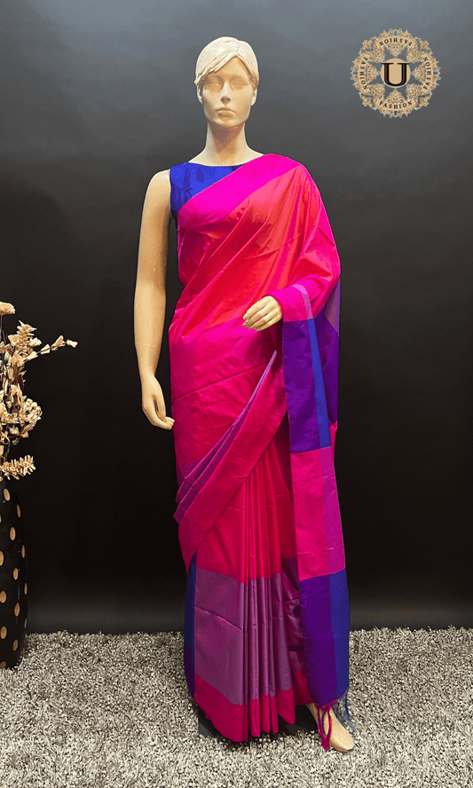 Bright Pink Multi Color Semi Silk Saree U fashion