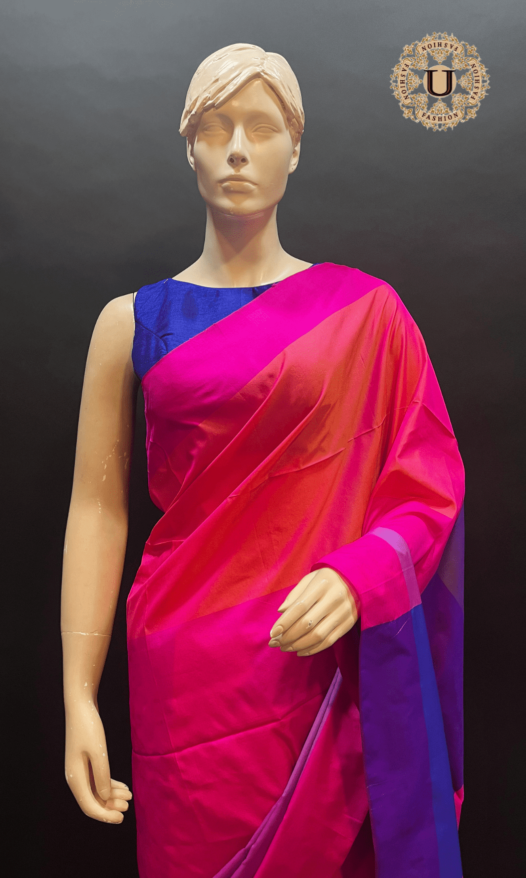 Bright Pink Multi Color Semi Silk Saree U fashion