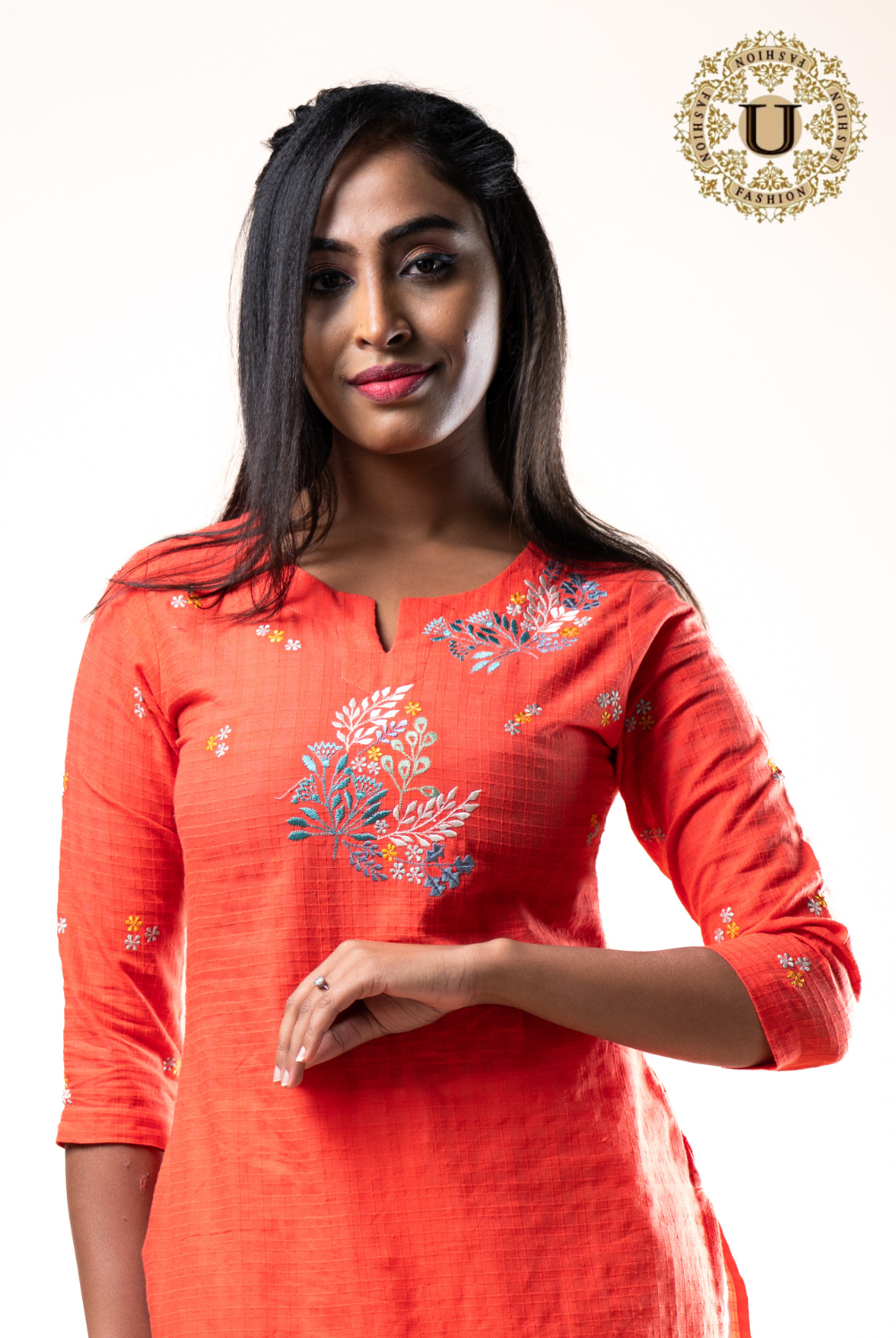Orange Cotton Embroidered Long Kurti