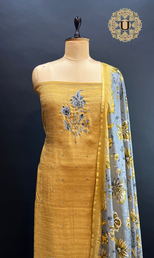 Musturd Yellow Soft Matka Silk Thread Work Yoke With Printed Dupatta