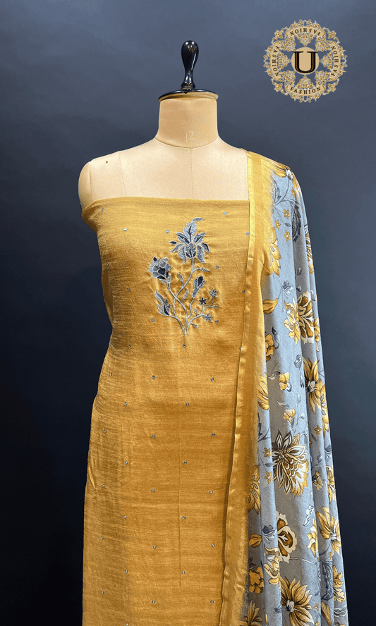 Mustard Yellow Soft Matka Silk Thread Work Yoke With Printed Dupatta U fashion