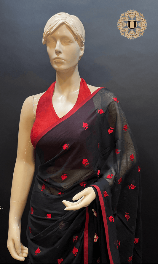 Black Mul Cotton Saree with Red Embroidery U fashion