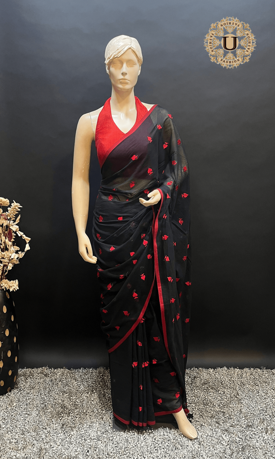 Black Mul Cotton Saree with Red Embroidery U fashion