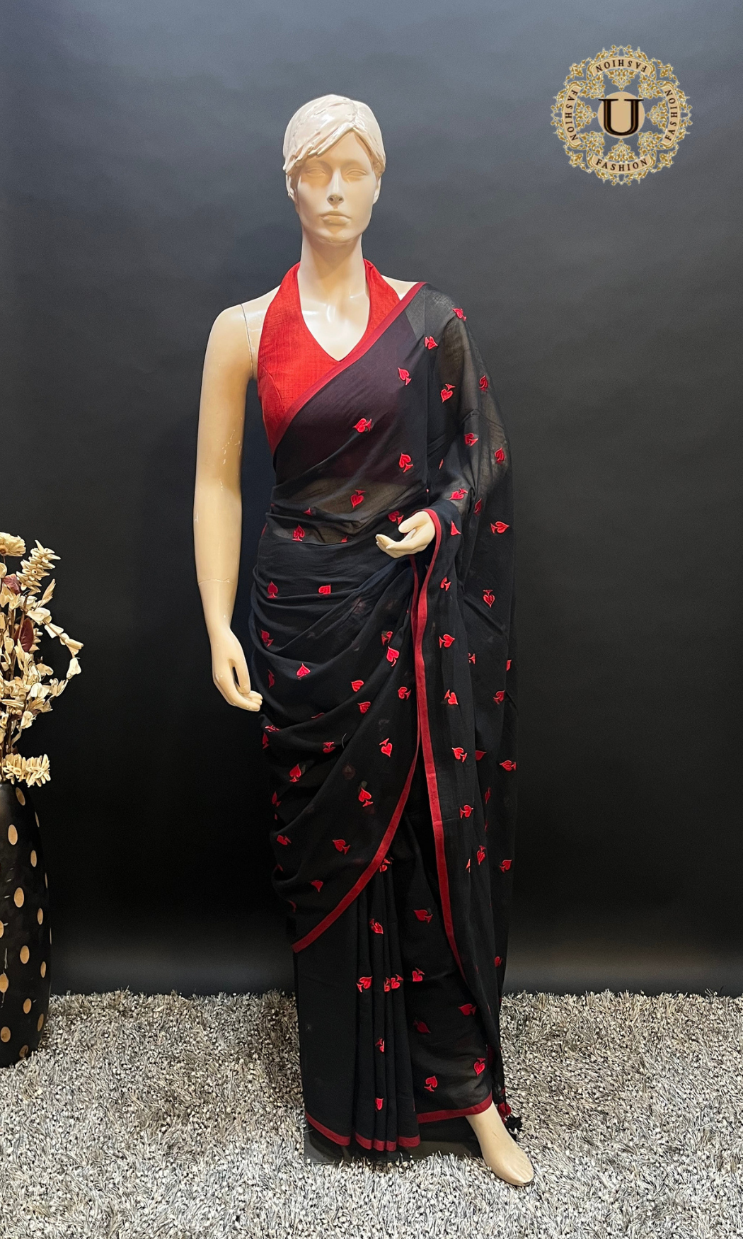 Black Mul Cotton Saree with Red Heart Embroidery