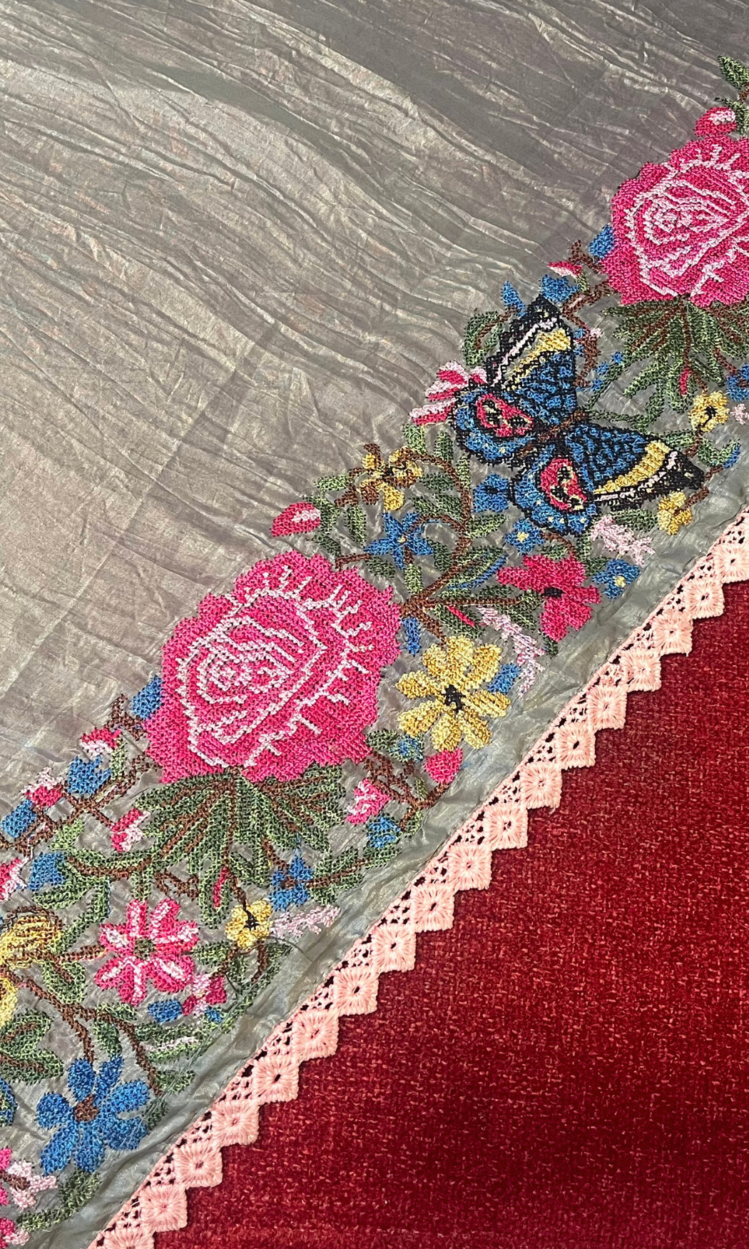 Grey Glass Tissue Floral Embroidery Saree